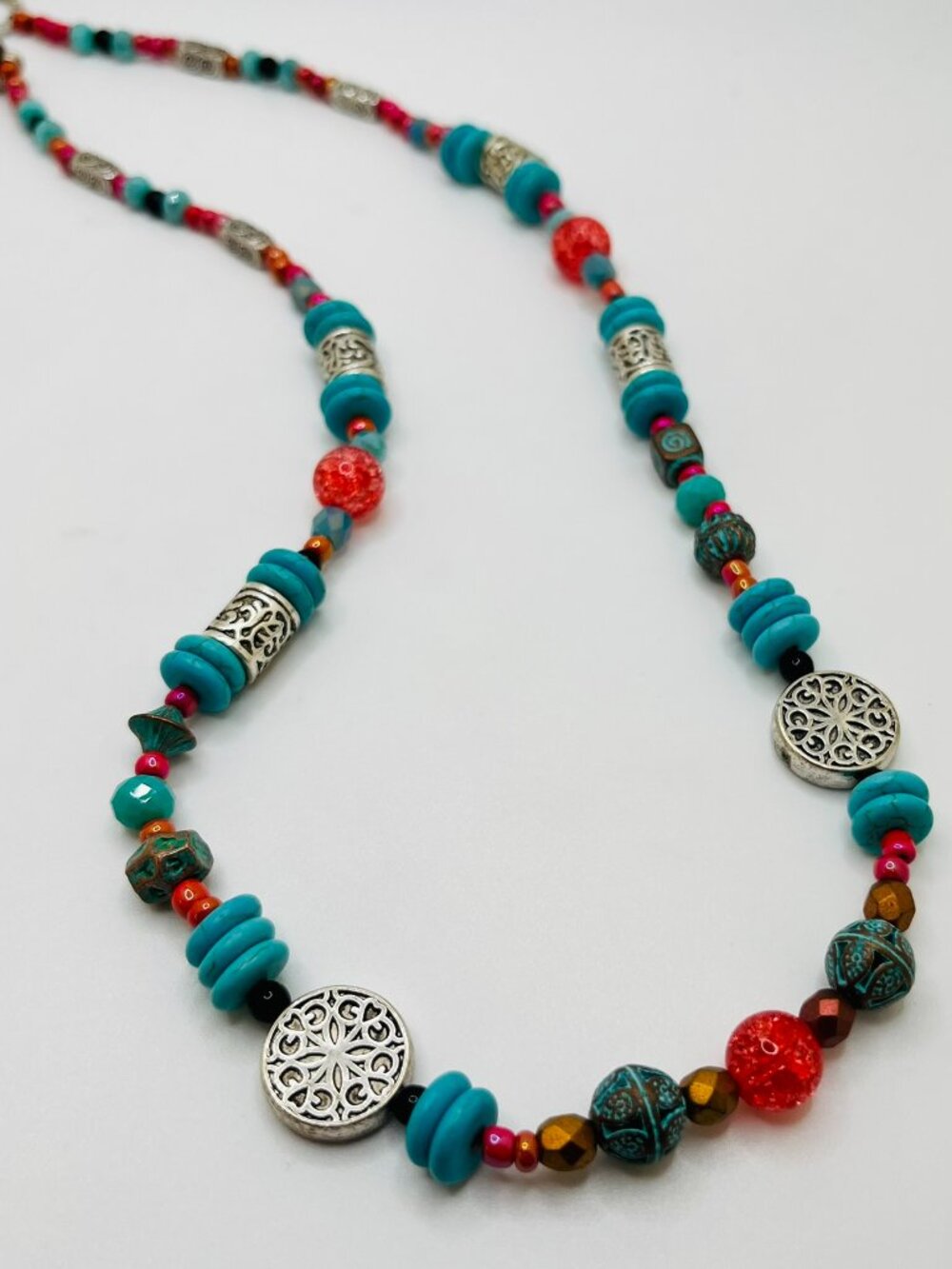 Blue Turquoise Red Coral Silver Beaded Statement Necklace 26" long Tribal Native